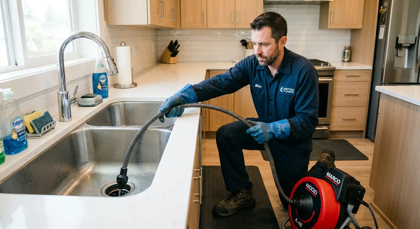 Drain cleaning technician using a motorized snake on a kitchen sink in Gillette