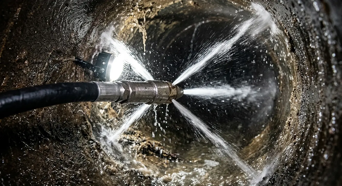 High-pressure hydro jetting nozzle cleaning sewer pipe for Trenchless Sewer Repair in Gillette