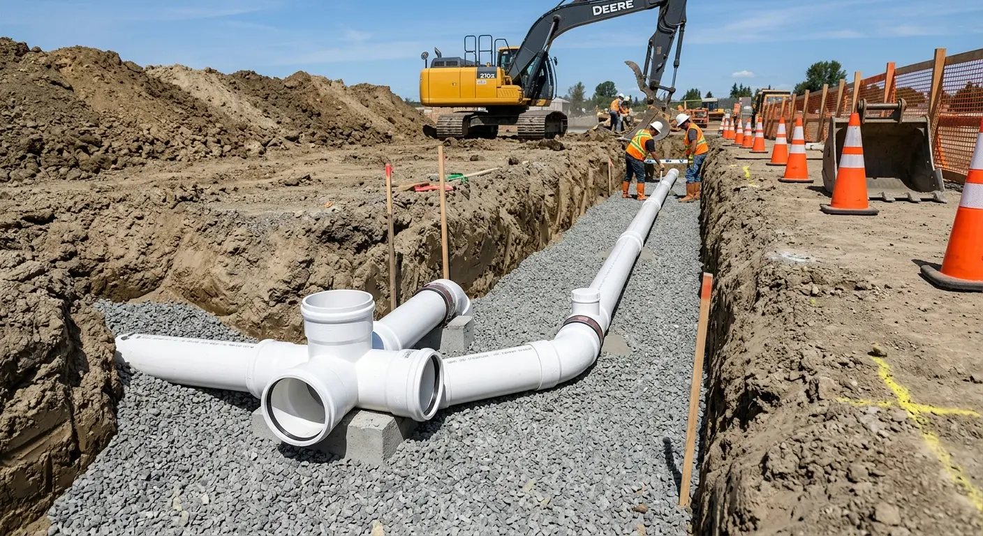 New PVC sewer pipe installation in open trench for Grease Trap Cleaning in Gillette