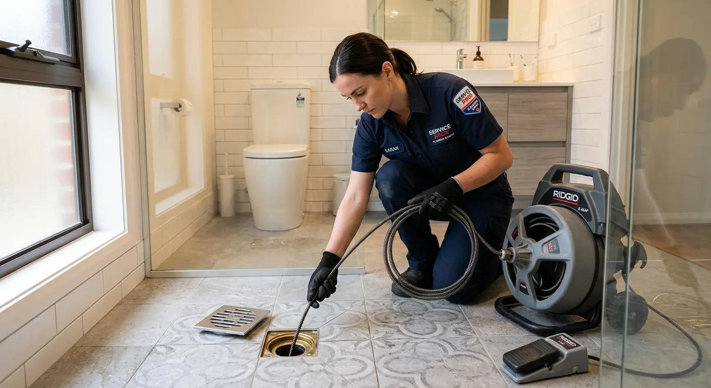 Technician clearing a bathroom floor drain for Drain Repair in Gillette